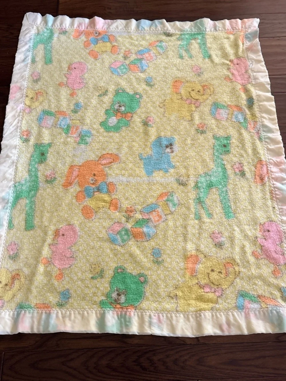 Vintage Pastel Animal Baby Blanket with Satin trim made in USA baby Gordon style